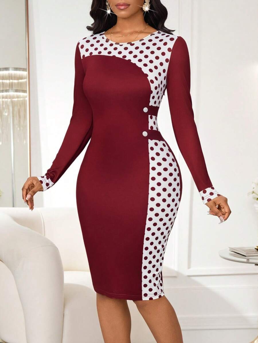 Elegant Color-Block Polka Dot Bodycon Dress