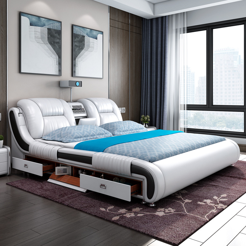 Multi-functional Genuine Leather Bed 1.8m Smart Double Bed