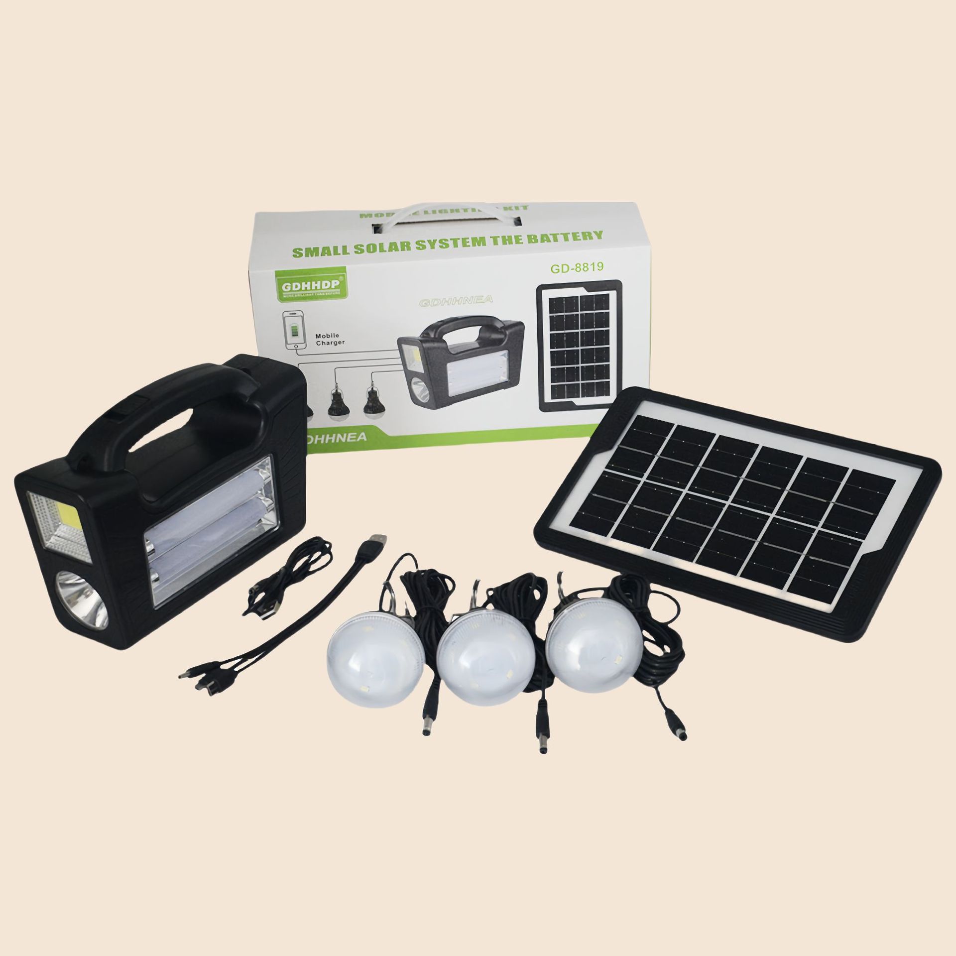 Solar Led light, 3 Globe with panel with USB port and cord
